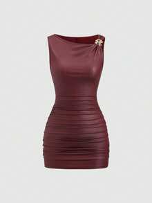 SHEIN PETITE Đầm ngắn ôm sát không tay, màu trơn, trang trí kim loại, xếp ly, dành cho nữ. - Màu Đỏ Sâu - Xem 1