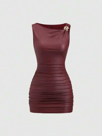 SHEIN PETITE 女士纯色金属装饰褶皱修身无袖迷你连衣裙