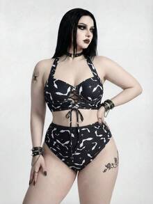 ROMWE Goth Bộ đồ bơi mùa hè mới 2026 kiểu dáng punk cá tính, họa tiết động vật, gợi cảm, cỡ lớn, thích hợp cho kỳ nghỉ biển. - Nhiều màu - Xem 2