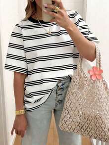 EMERY ROSE Áo thun ngắn tay cổ tròn kẻ sọc rộng, kiểu dáng thường ngày, dành cho nữ cỡ lớn, thích hợp mặc mùa hè. - trắng - Xem 1
