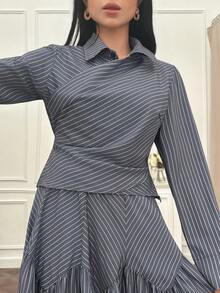 Graceveil 女士条纹长袖衬衫和中长裙两件套 - 藍色 - 查看 7