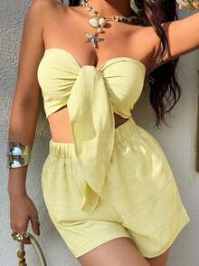 KARISMINA Dwuczęściowy damski komplet wakacyjny: jednokolorowy, wiązany top typu tuba i szorty - Żółty - Zobacz 4