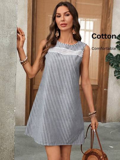 EMERY ROSE Women's Striped Print Round Neck Casual Sleeveless Dress Striped Dress Summer Dress Summer Outfits For Women Summer Dresses For Women Going Out Outfits Vacation Outfits Women Summer Holiday Outfits Holiday Outfits Casual Dresses For Women Cotton Dresses For Women Cotton Women's Clothing