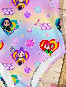 Cartoon Girl , Vibrant Purple, K-Pop Superstars , Tween Girls Camisole One-Piece Swimsuit, Suitable For Summer - Multicolor - View 5