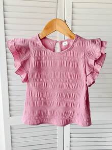 SHEIN LMoss Kids 女童纯色圆领荷叶边休闲衬衫 - 藕粉色 - 查看 4