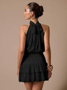 SHEIN BAE 无袖荷叶边修身迷你连衣裙，优雅甜美可爱，适合浪漫约会、派对、婚礼伴娘、夏季、下午茶、新年、情人节、生日等场合，粉色 - 黑色 - 查看 2