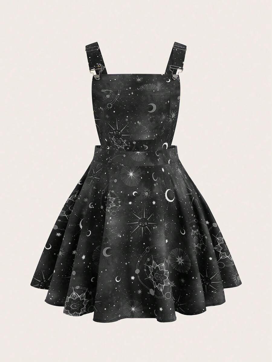 Sweetra Plus Size Dark Starry Sky Print Pinafore Dress - Multicolor - View 1