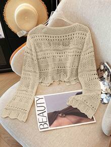Franclia Áo khoác cardigan mỏng nhẹ, màu trơn, chất liệu ren móc rỗng, kiểu dáng đa năng dành cho nữ. - Lạc đà - Xem 2