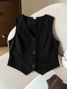 Elladie kids Áo gile ngắn tay cổ chữ V không tay, đa năng cho bé gái tuổi teen mùa xuân/hè, phù hợp để mặc đi làm hàng ngày, dễ phối với quần jeans. - màu đen - Xem 2