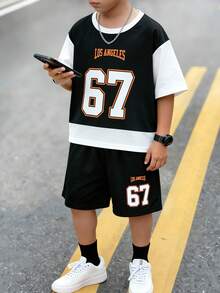 SHEIN Young Boys Y2K Style English Letter & Number 67 Sports Retro Colorblock Crew Neck Short Sleeve T-Shirt And Pants Set,Summer,School,Back-To-School - Black and White - View 2