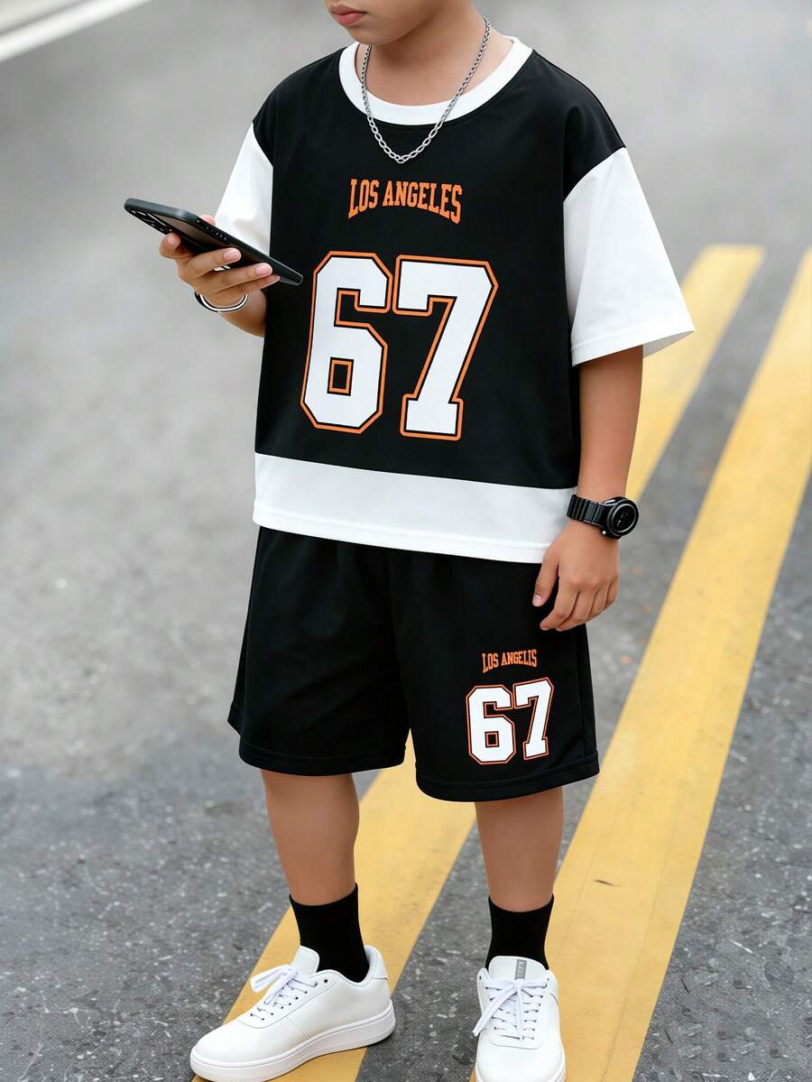 SHEIN Young Boys Y2K Style English Letter & Number 67 Sports Retro Colorblock Crew Neck Short Sleeve T-Shirt And Pants Set,Summer,School,Back-To-School