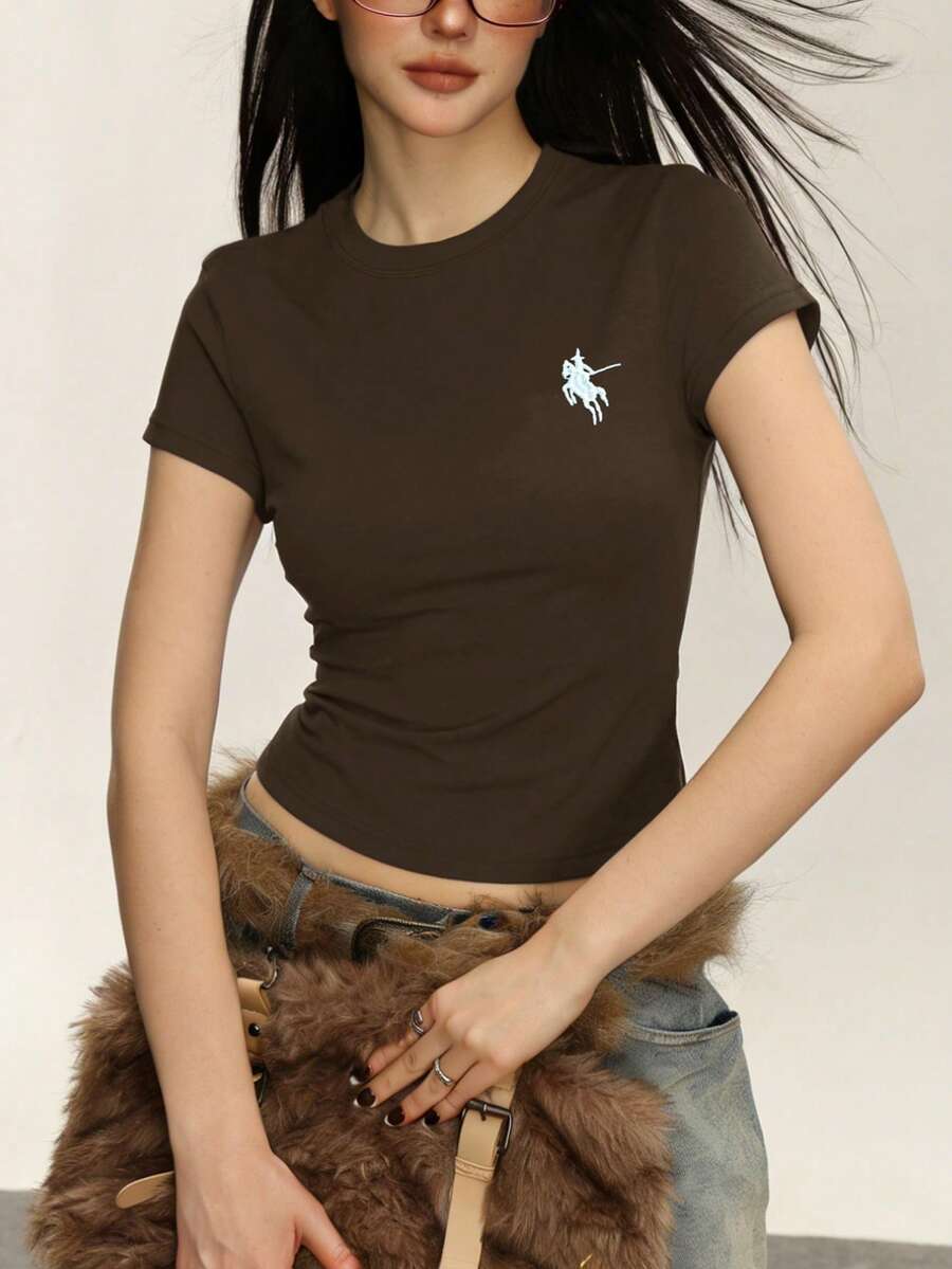 Rina Fox Women's Casual Crew Neck Short Sleeve T-Shirt With Knight Embroidery, Versatile - Brown - View 1
