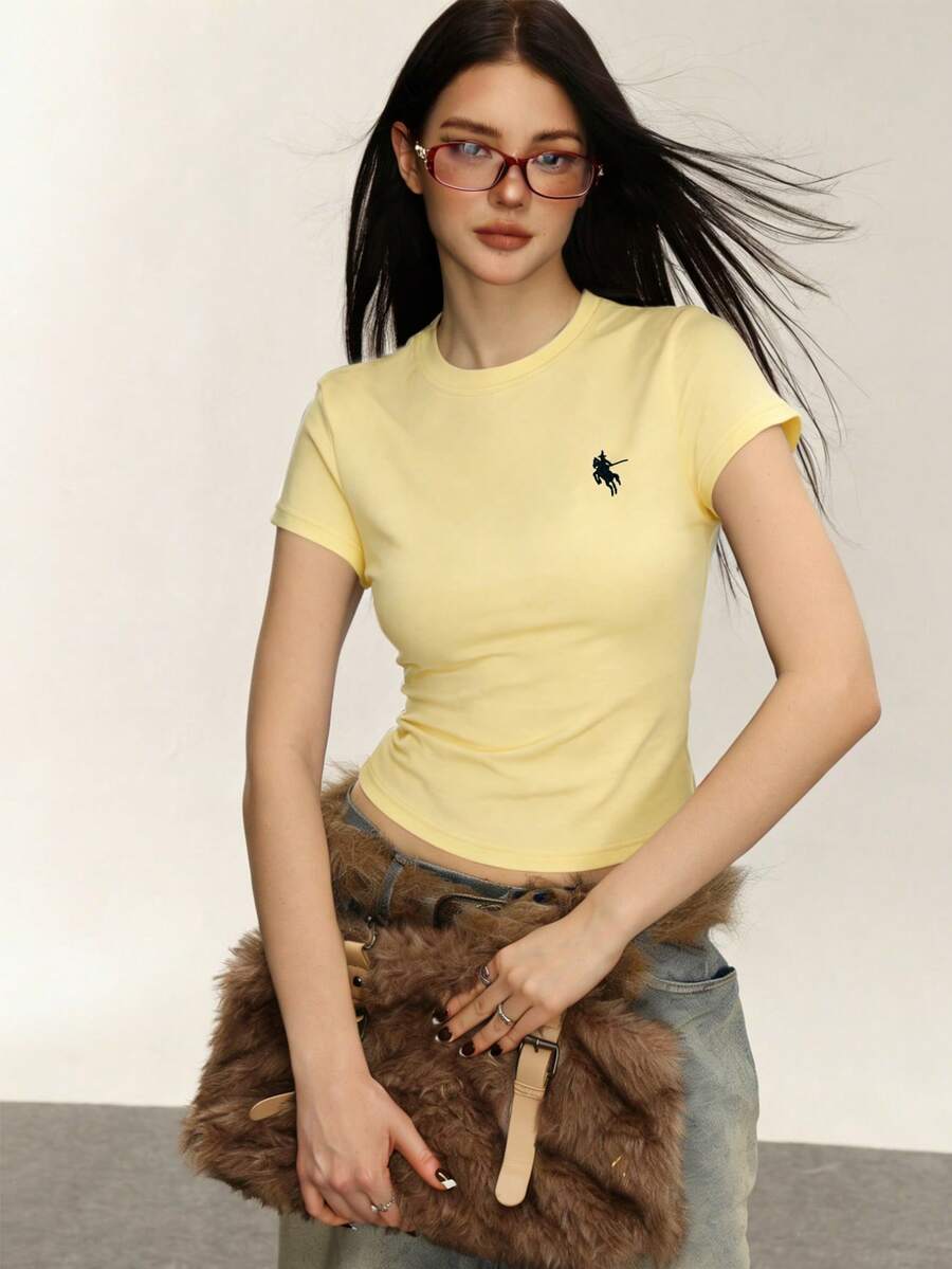 Rina Fox Women's Casual Everyday Commute Simple Versatile Knight Embroidery Short Sleeve T-Shirt, Summer - Yellow - View 1