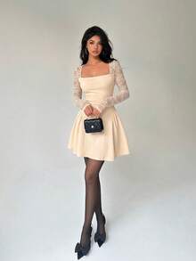 Aloruh Women's Square Neck Lace Patchwork Waist Ruched Flared Mini Dress - Apricot - View 5