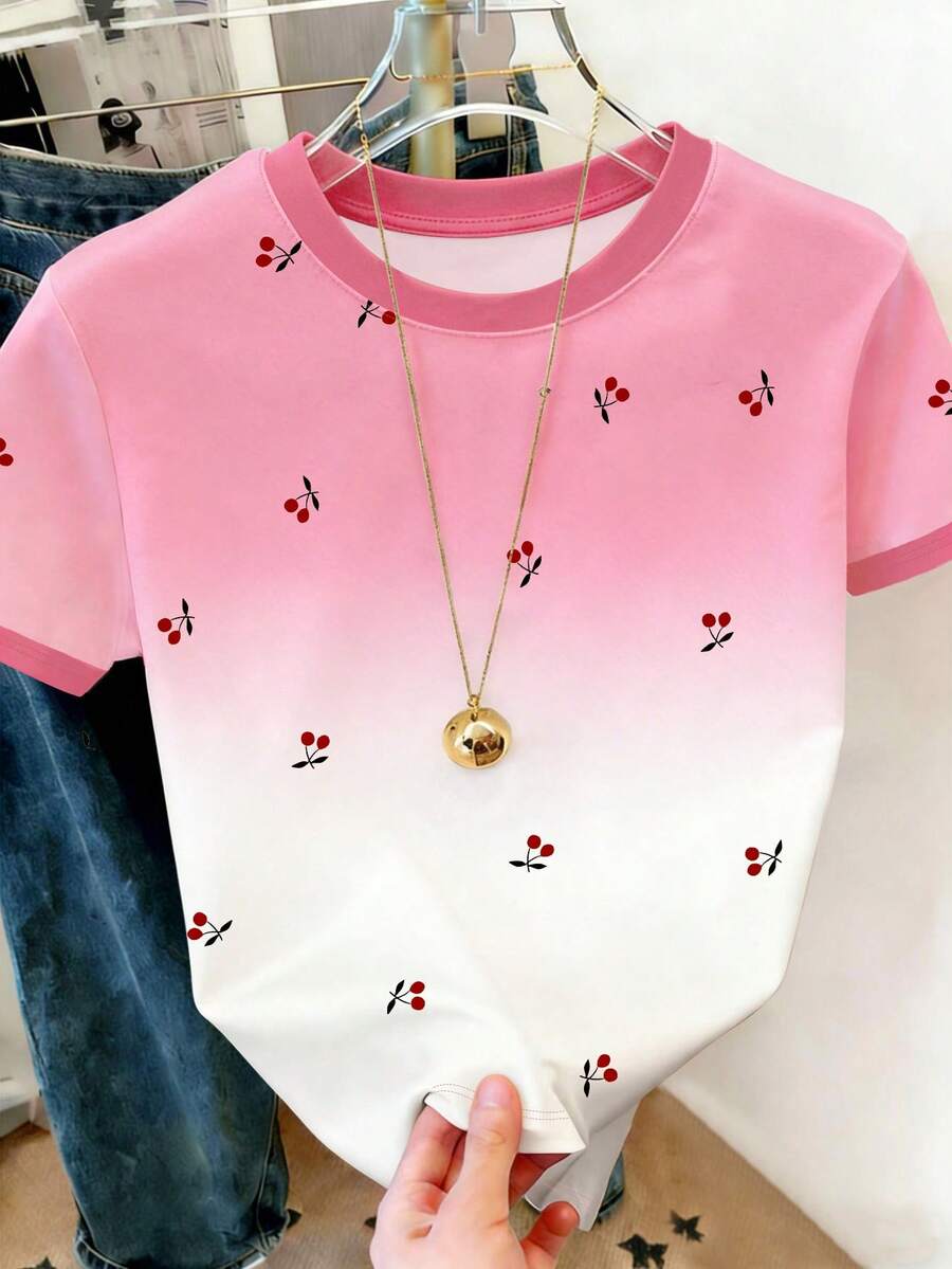 Resyla Camiseta de manga corta casual de mujer con estampado de degradado de cereza, para verano - Multicolor - Ver 1