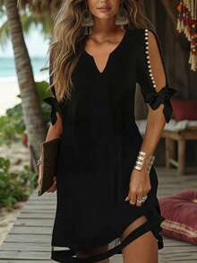 SHEIN Clasi Mangas Huecas Con Cuentas De Perlas, Tirantes Cruzados, Escote De Muesca, Vestido Con Inserciones De Malla - Negro - Ver 1