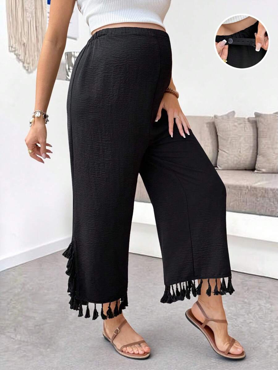 SHEIN Maternity Casual Fringe Hem Pants - Black - View 1