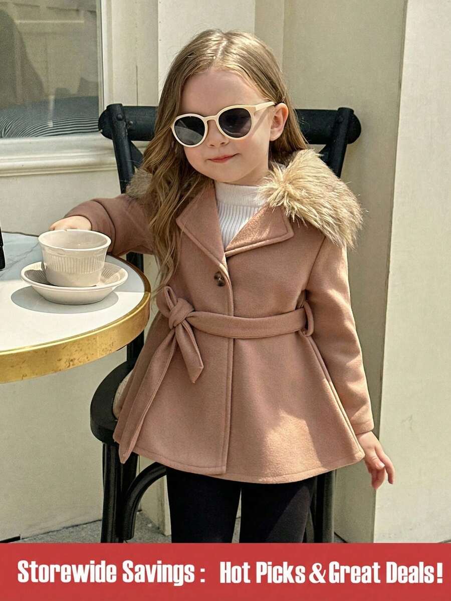 SHEIN Chica Joven Abrigo ribete lanudo con capucha con cinturón sin jersey - Camel - Ver 1