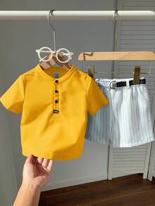 SHEIN 2pcs Baby Boy Summer Casual Red Collar Polo Shirt And White Striped Shorts Set, Suitable For Birthday Party, Rave, Evening Party, Performance, Wedding, Baby Shower And 1st Birthday Celebration - Yellow - View 6