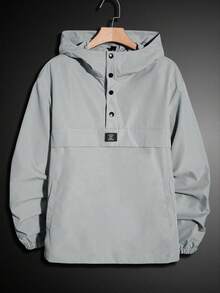 GENTILAND Loose Fit Men Long Sleeve Letter Patched Half Button Hooded Jacket, Fall - Grey - View 1