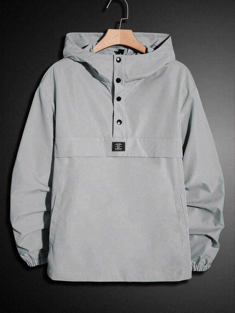 GENTILAND Loose Fit Men Long Sleeve Letter Patched Half Button Hooded Jacket, Fall - Grey - View 1