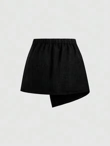 Sweetra Falda negra clásica, elegante y sexy para profesionales urbanos, con diseño ajustado de línea A, textura de tela de verano, decoración de hebilla de metal y bajo asimétrico, de estilo francés versátil y elegante - Negro - Ver 2