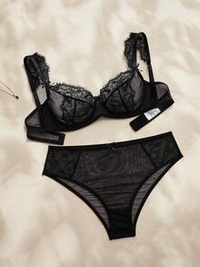 Charlaine 2件套法式蕾丝网纱文胸和高腰内裤套装，优雅秋季女士内衣 - 黑色 - 查看 5