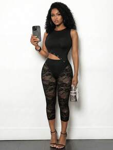 BamGleam Women's Contrast Lace Elastic Waist Cropped Leggings - Black - View 3