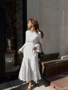 Pariaura 优雅圆领长袖收腰咖啡棕色波点荷叶边连衣裙，秋冬女装 - 白色 - 查看 5