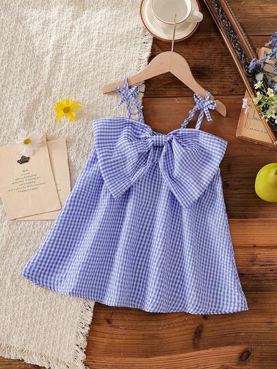 Vintaside Kids Tween Girls' Summer Blue & White Sweet Fresh Style Bow Decor Camisole, Suitable For Daily Outings, Casual Trips, Family Gatherings, Hanging Out With Friends, Dance Performances