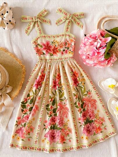 Summer Tween Girl Floral Print Strap Dress, Elegant Vacation Dress With Ruffle Hem And Bow Shoulder Straps, A-Line Silhouette, Suitable For Outings, Vacation, And School, Spring/Summer Bohemela Dress