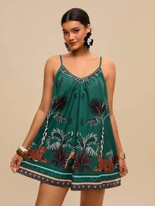 Travachic Women's Summer Greeen Boho Beach Holiday Casual Animal & Tropical Print Loose Jumpsuit,Deep V-Neck Backless Tie Waist Retro Vacation Shorts - Multicolor - View 1