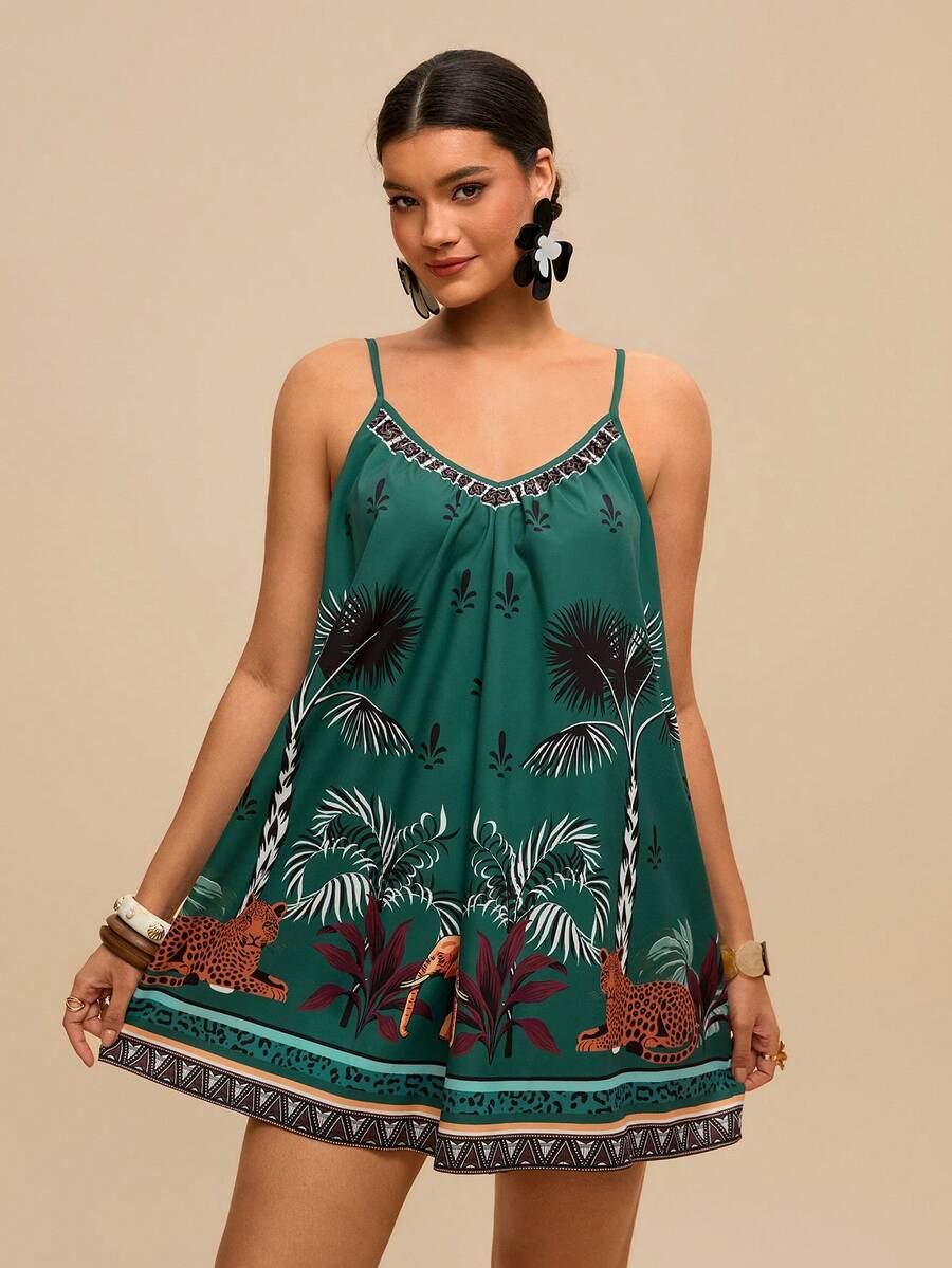Travachic Women's Summer Greeen Boho Beach Holiday Casual Animal & Tropical Print Loose Jumpsuit,Deep V-Neck Backless Tie Waist Retro Vacation Shorts - Multicolor - View 1