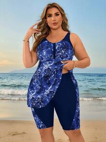 Swim Lushoire 大码女式蓝白扎染印花吊带泳衣套装，沙滩度假 - 藏蓝色 - 查看 3