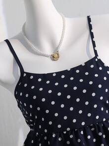 少女波点印花吊带背心 - 藏蓝色 - 查看 4