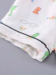 SHEIN Toddler Boys' Casual Dinosaur Print Short Sleeve Shorts 2pcs Set, Comfortable Loungewear - Beige - View 8