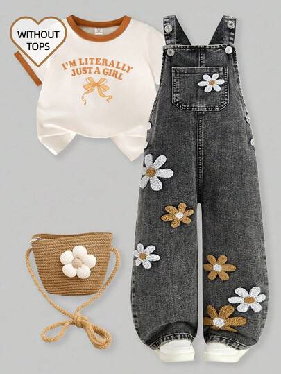 SHEIN ChillGRL 年轻女孩花卉 3D 装饰牛仔背带裤