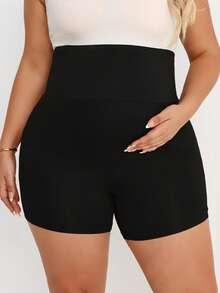 Plussiva Plus Size Maternity Summer Casual Commuter High Waist Patchwork Sheer Mesh Skinny Shorts - Black - View 3