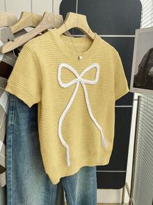 Franclia New Arrival Spring/Summer Sweet Cute Pink Bowknot Pullover Sweater For Women - Light Yellow - View 3