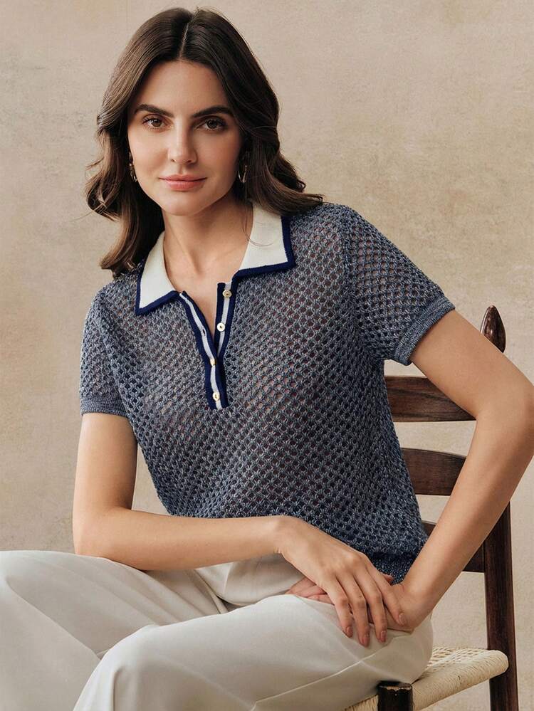 Colorblock Linen Hollow Out Knit Polo Shirt For Women, Retro Collar Short Sleeve Top, Spring/Summer