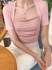 DAZY 女士纯色网眼拼接修身短袖T恤，春夏可爱上衣 - 粉色 - 查看 5