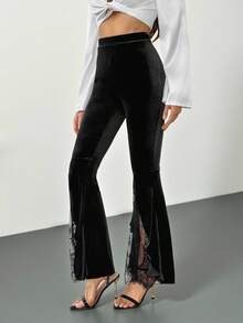 SHEIN Tall 撞色蕾丝不对称下摆天鹅绒喇叭裤 - 黑色 - 查看 5