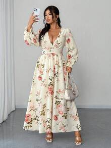 Elenzga Plus Size Women's White Boho Floral Print Flowy Maxi Dress,Lantern Sleeve Autumn Holiday Tea Party Wedding Sundress, Scoop Neck Casual Outfit - Multicolor - View 1