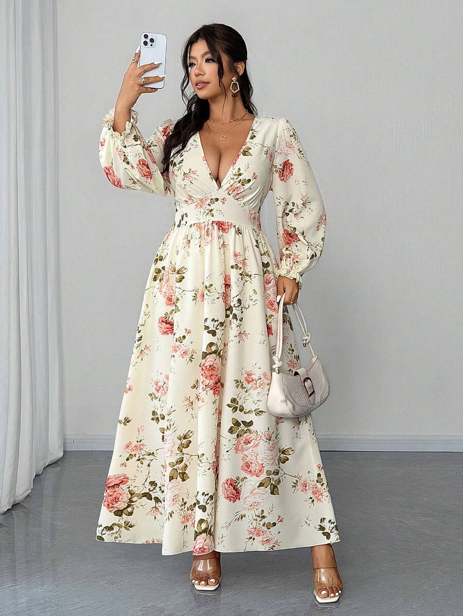 Elenzga Plus Size Women's White Boho Floral Print Flowy Maxi Dress,Lantern Sleeve Autumn Holiday Tea Party Wedding Sundress, Scoop Neck Casual Outfit - Multicolor - View 1