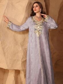 Al Najma Luxurious Embroidered Beaded Loose Jacquard Fabric Turkish & Arabic Traditional Long Robe For Women - Pink - View 4