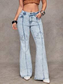 Jeanoix Y2K 女士休闲水洗喇叭牛仔裤 - 淺色水洗藍 - 查看 4