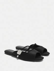 Bholvia Women's Elegant Silver Crystal Embellished Ankle Strap Open Toe Flat Mule Sandals, Black Lychee Fabric, Comfortable For Daily Wear And Party Spring Shoes Summer Shoes - Black - View 10