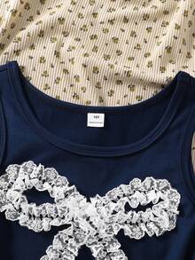 SHEIN 少女甜美可爱3D蕾丝荷叶边蝴蝶结装饰方领吊带背心，适合日常、休闲、度假、朋友聚会、春夏穿着 - 藏蓝色 - 查看 3