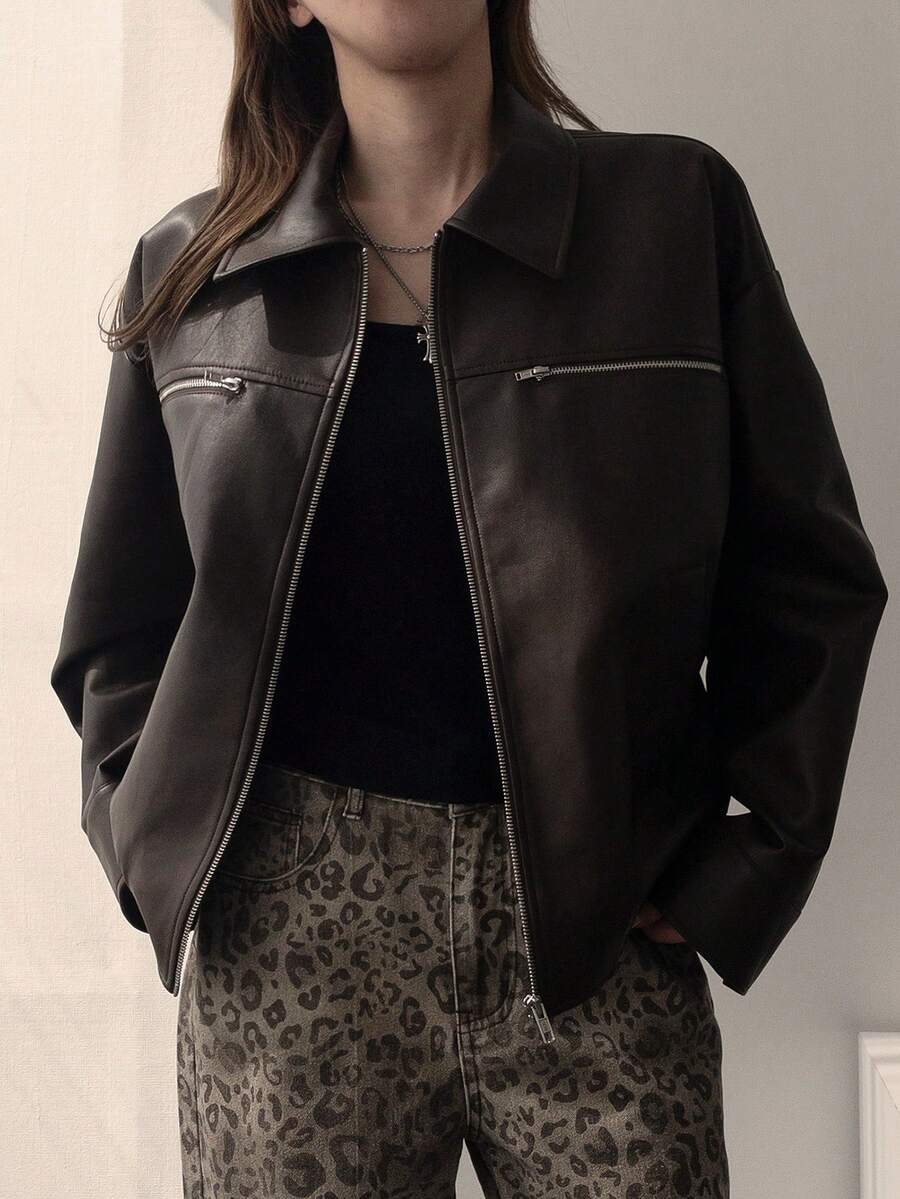 DAZY Jaket Lengan Panjang Wanita Warna Polos dengan Resleting, Kasual, Serbaguna untuk Pemakaian Sehari-hari, Musim Panas - Coffee Brown - View 1