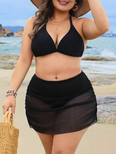 Swim Lushoire Plus Size Women's Solid Color Mesh Cover-Up, Bodycon Skirt, Sexy Bikini Bottom